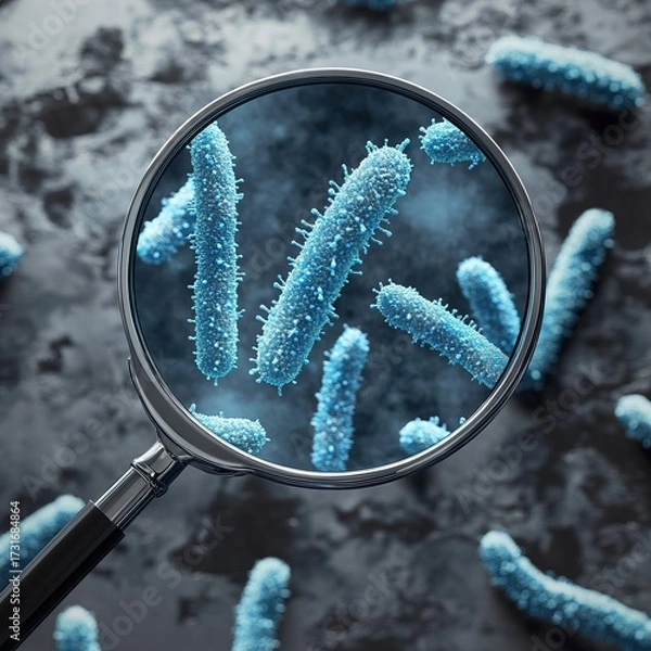 Obraz Magnifying glass focuses on microscopic, light blue bacilli