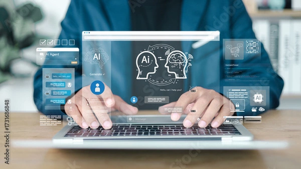 Fototapeta Chat with AI or Artificial Intelligence. Young businessman chatting with a smart AI or artificial intelligence using an artificial intelligence chatbot developed by OpenAI.