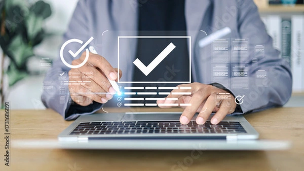 Fototapeta Businessman showing online document validation icon, quality assessment management With a checklist, business document evaluation process, market data report analysis and consulting.