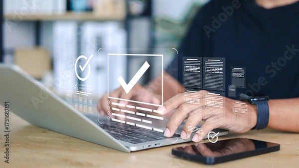 Fototapeta Businessman showing online document validation icon, quality assessment management With a checklist, business document evaluation process, market data report analysis and consulting.