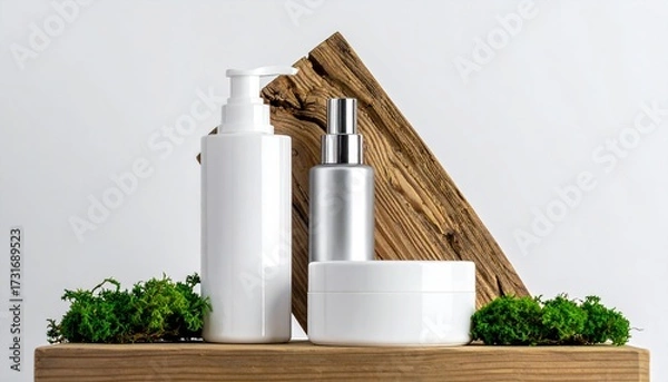 Obraz Natural cosmetic products display with white bottles wood and green moss.