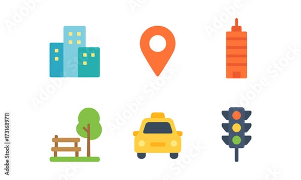 Obraz Urban elements collection featuring buildings, transportation, and nature in flat design