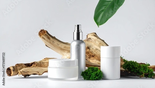 Obraz Organic skincare product set with blank white containers driftwood moss and a green leaf on a white background.