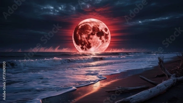 Fototapeta A breathtaking view of a blood moon rising over the ocean, casting a crimson glow on the waves and creating a surreal and captivating scene