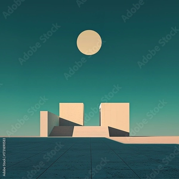 Fototapeta Minimalist architectural structure with geometric shapes under a large circular sun against a teal sky.