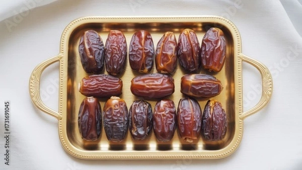 Obraz A golden tray showcases a collection of dates, their rich brown hues contrasting against the bright white background, creating an inviting and healthy display