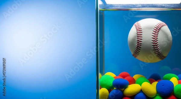 Fototapeta A baseball floating in a clear glass aquarium filled with water and colorful pebbles, positioned neatly to the right side. The left portion of the background is plain blue gradient, kept empty for tex