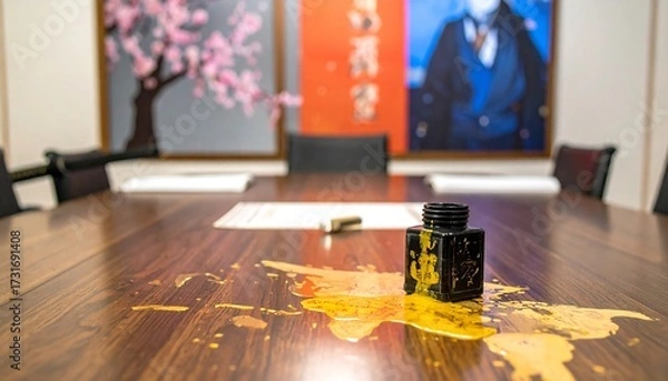 Obraz Spilled Yellow Ink on Wooden Conference Table with Paintings in Background.