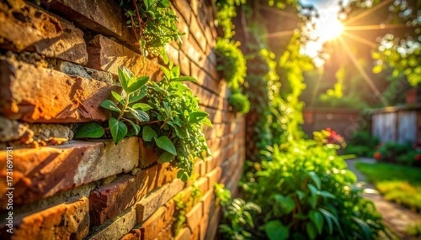 Obraz Sunlit Brick Wall with Lush Greenery and Garden Path.