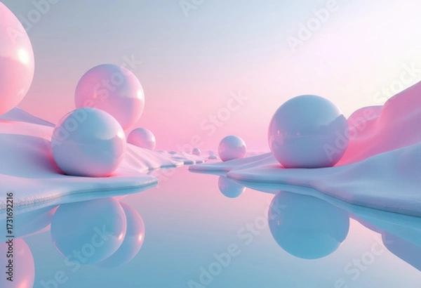 Fototapeta Surreal spheres on serene fantastic landscape with water reflection in futuristic style. 3d render. Copy space.