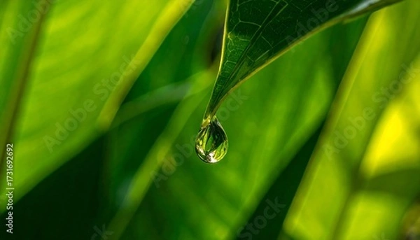 Obraz Water Droplet Hanging from Leaf Tip with Green Foliage Reflection.