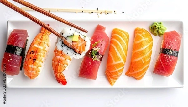 Obraz Sushi platter with chopsticks, showcasing various nigiri and sashimi