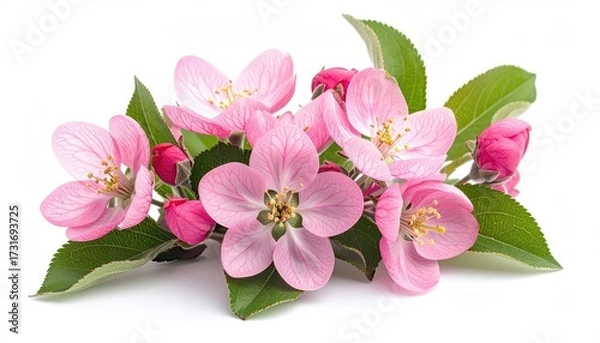 Obraz Delicate cluster of pink apple blossoms with green leaves, arranged on a white background