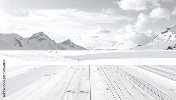 Obraz Snowy mountain vista with wooden platform