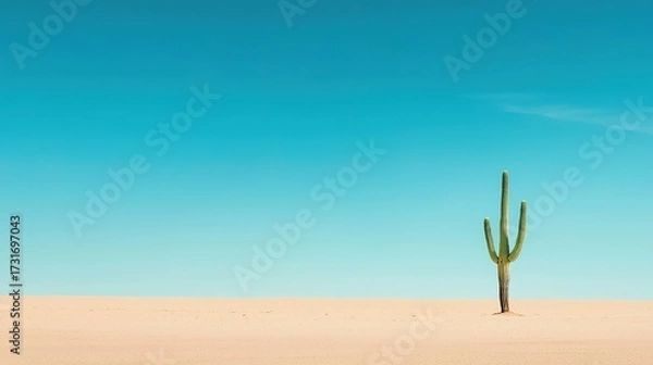 Fototapeta A solitary cactus stands in an expansive desert under a clear blue sky, evoking a sense of isolation and natural beauty.