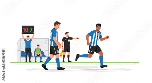 Fototapeta Animated illustration of a soccer match with players, referee and team bench showing substitution in progress indicating game strategy