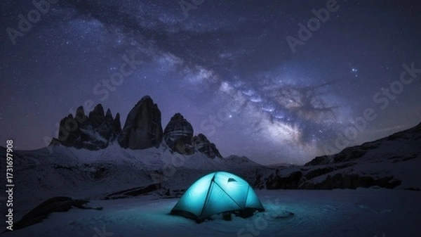 Fototapeta A tent glows under a starry night sky with the milky way, set against the backdrop of snowcovered mountains, creating a serene camping scene