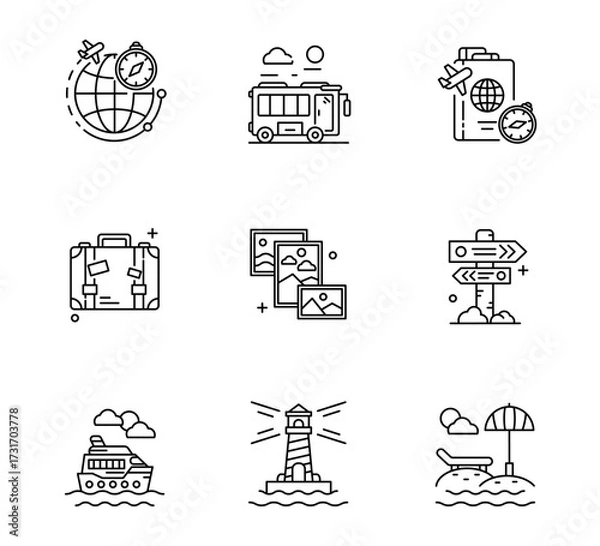 Fototapeta Set of Travel and Tourism icon, Summer thin line and pixel Symbol Outline icon Editable Stroke