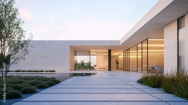 Fototapeta Modern minimalist architecture featuring clean lines, glass walls, and a serene outdoor courtyard with greenery and soft lighting at dusk.