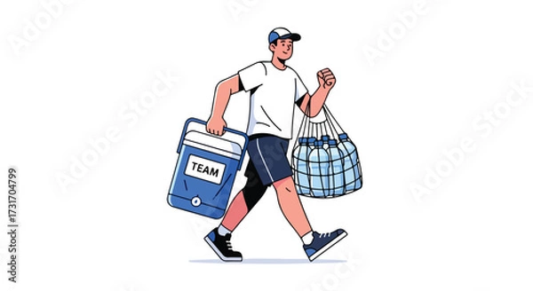 Fototapeta Team support concept: Animated character carrying supplies for a sporting event or practice session featuring a cooler and bag full of water bottles
