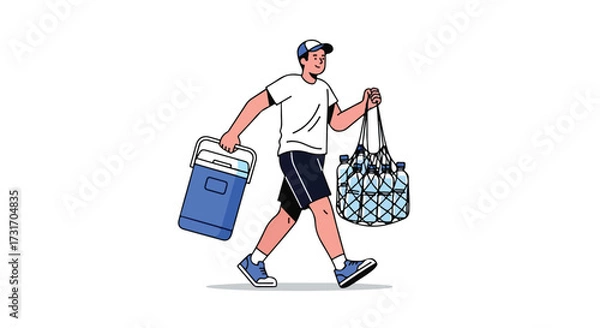 Fototapeta Active man carrying cooler and string bag full of water bottles on a white background showing exercise and hydration for a modern healthy lifestyle
