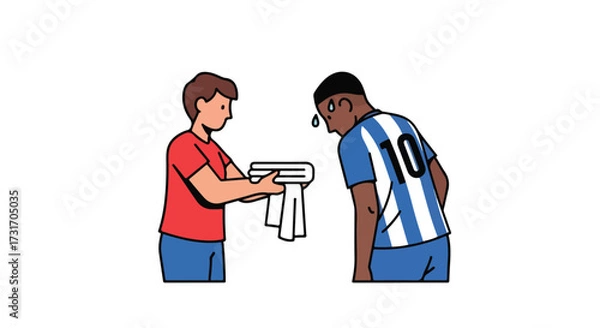 Fototapeta Illustrative depiction of soccer player being offered a towel after a match by a support staff member in a vibrant cartoon art style