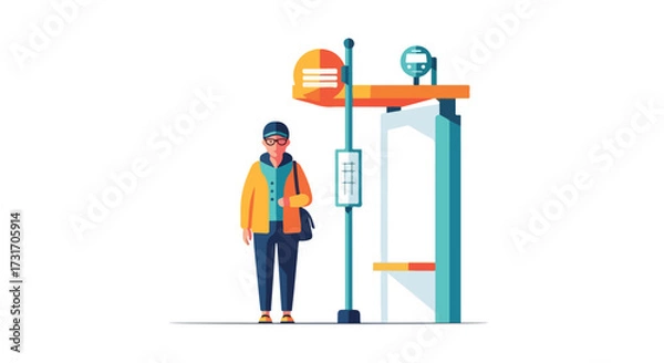 Fototapeta A young man waiting at a brightly colored bus stop for transportation on a journey in the city