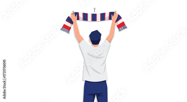 Fototapeta Passionate fan celebrating with team colors, raising a scarf in a gesture of triumph and fervent support for sporting success or cultural event