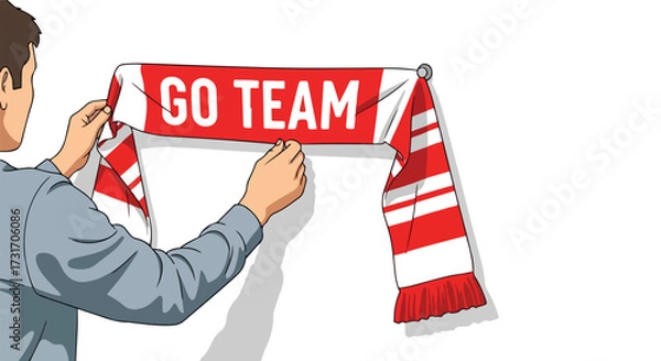 Fototapeta A depiction of a fan's fervor: Displaying a supportive scarf with the phrase 'go team' red and white color promoting spirit and unity through