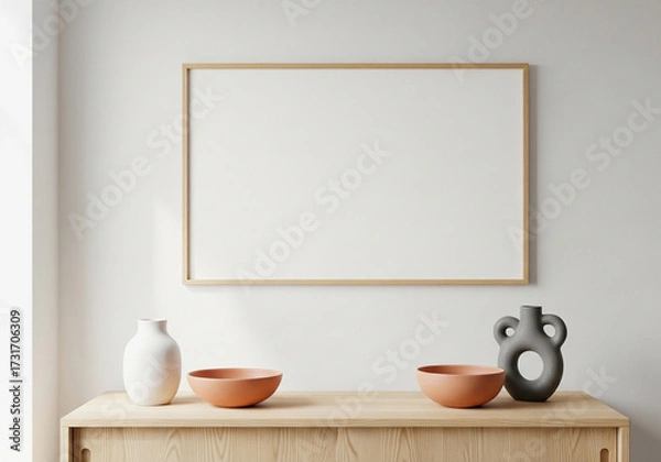 Fototapeta Minimalist interior scene with empty frame and decorative vases on wooden cabinet