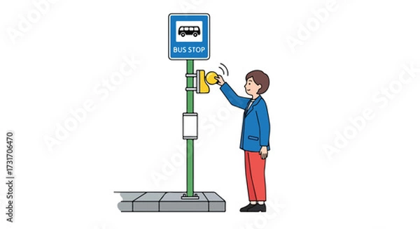 Fototapeta Illustration of a person signalling for a bus using a bus stop button, highlighting transportation and pedestrian safety measures within an urban