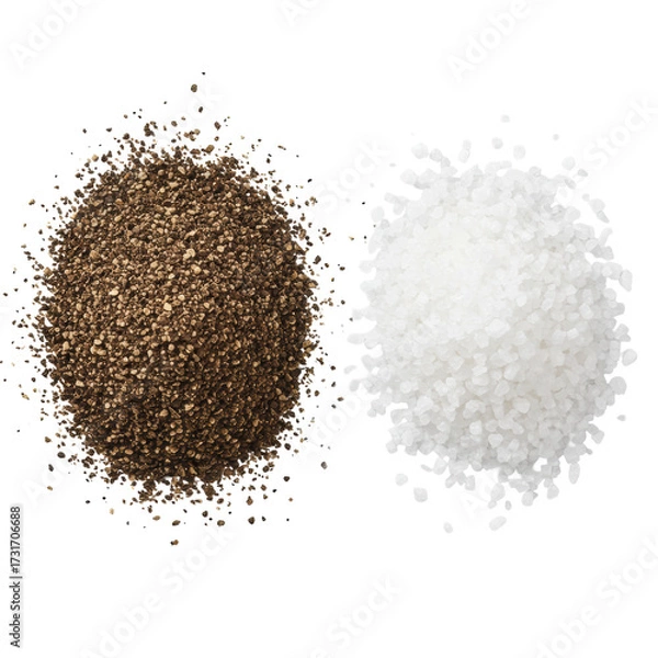 Fototapeta Finely ground black peppercorns on left, coarse sparkling white sea salt crystals on right, against a transparent studio background, overhead macro view with soft shadows, concept of culinary contrast