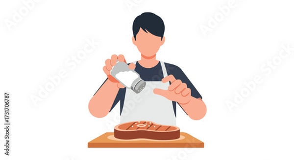 Fototapeta Isolated character seasoning a steak with salt, showcasing culinary preparation and ingredient enhancement in a modern graphical representation
