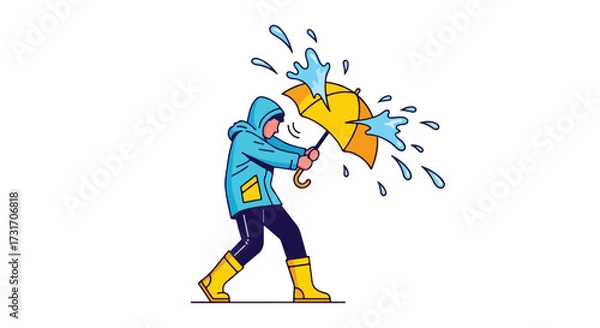 Fototapeta Whimsical illustration portraying resilience during a storm, person struggles with umbrella against wind and rain expressing the challenges of