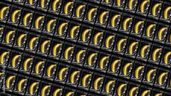 Obraz Pattern of vacuum sealed bananas arranged diagonally, repetitive modern food concept on black background, abstract preservation design.