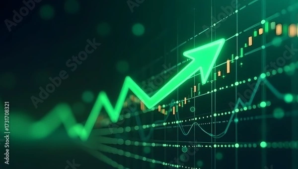 Fototapeta A glowing upward arrow representing stock market growth, in a futuristic digital style, with green neon lights, clean composition and no text. AI-Generated!