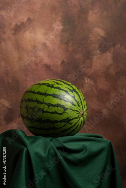 Obraz View of a whole watermelon on a green cloth with a dark background, vertically, with copy space