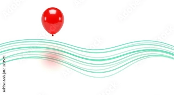Fototapeta Red Balloon Floating Above Wavy Lines on White Background.