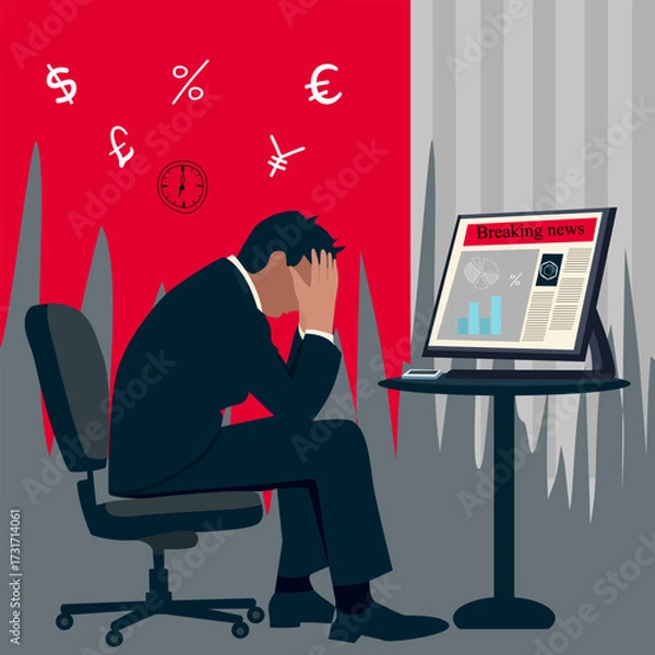 Fototapeta A businessman sits with his head in his hands. Behind him is a computer monitor showing a downtrend graph with the text Breaking news. Concept nterest Rate Cut and Stock Market Crisis Illustration .