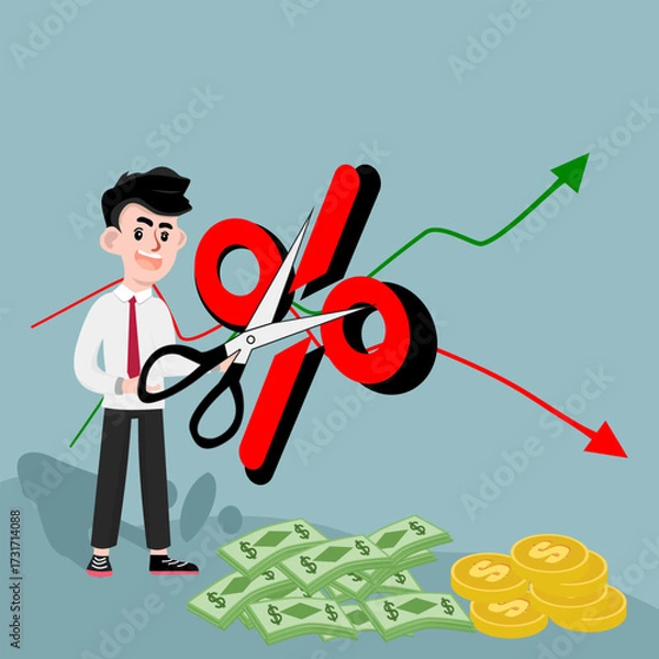 Fototapeta C oncept Interest Rate Cut and Stock Market Crisis Illustration , Businessman holding scissors cutting % symbol with up and down lines.