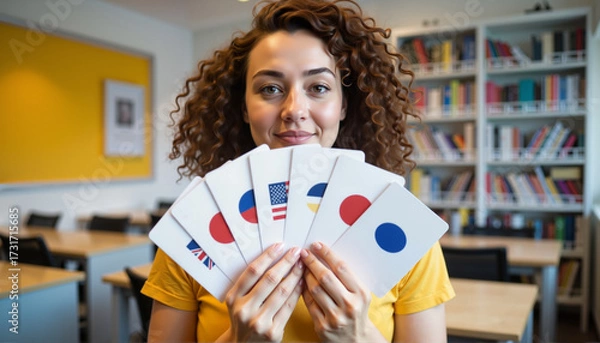 Fototapeta Student holding language flashcards iin a language lab, education