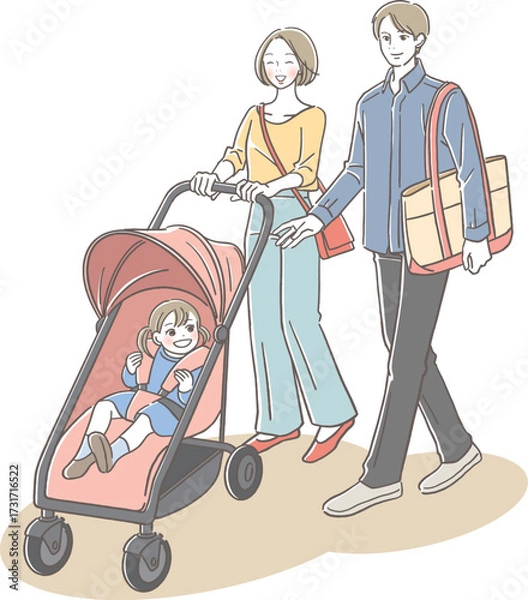 Fototapeta 笑顔でベビーカーを押す母親と父親