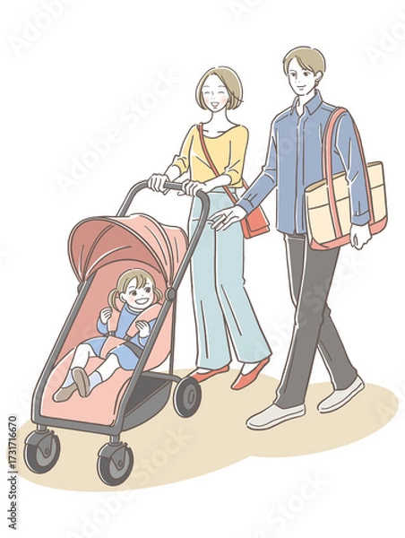 Fototapeta 笑顔でベビーカーを押す母親と父親