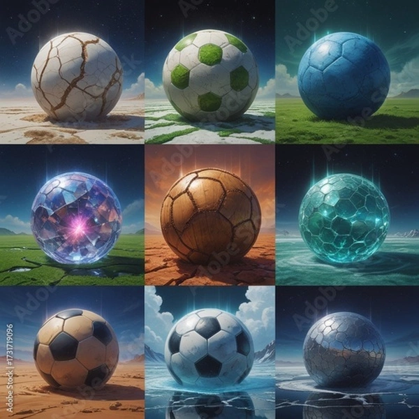 Fototapeta A collection of soccer balls with different designs and textures