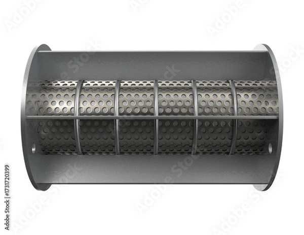Obraz Essential Robust Industrial Fluid Filter for Process Engineering – Durable Metallic Perforated Strainer Component with Flanges on Transparent Background for Heavy Industry Water Purification Systems