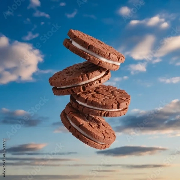 Fototapeta Chocolate chip cookie floating on a sky background. Aesthetic sweet food concept