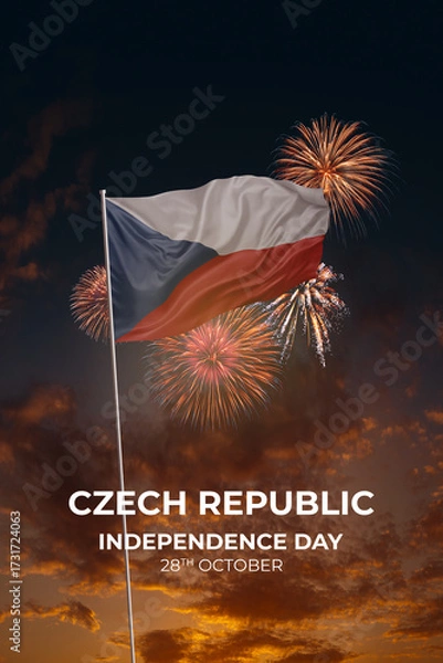 Fototapeta Sky with stars and fireworks waving National flags of Czech Republic
