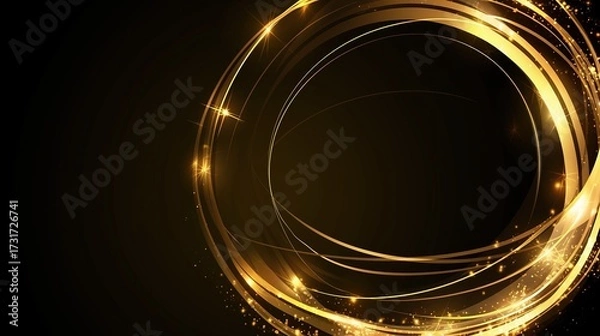 Fototapeta Abstract golden glowing light circle swirl on black background, presented as vector design, ideal for digital art, logos, posters, or decorative elements needing bright, luxurious visual appeal.