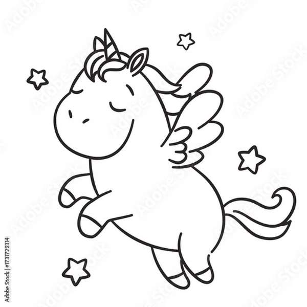 Fototapeta Linear vector illustration, children's coloring page. A cute pony with wings flies with stars. Vector illustration