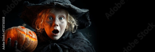 Obraz A realistic Halloween portrait of a blonde boy in a witch costume holding a glowing jack-o-lantern, with dramatic lighting and spooky makeup. Perfect for Halloween greeting cards. Generative Ai.